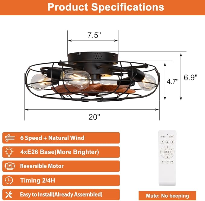 20" Farmhouse Caged Ceiling Fan with Light Flush Mount, Rustic Low Profile Ceiling Fans with Lights and Remote, Small