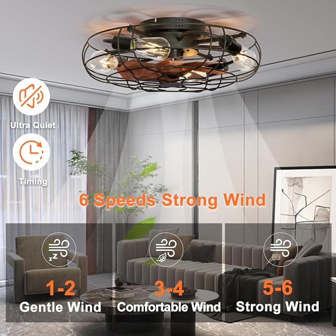 20" Farmhouse Caged Ceiling Fan with Light Flush Mount, Rustic Low Profile Ceiling Fans with Lights and Remote, Small