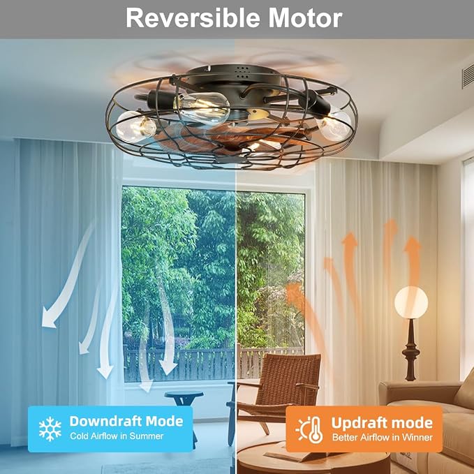 20" Farmhouse Caged Ceiling Fan with Light Flush Mount, Rustic Low Profile Ceiling Fans with Lights and Remote, Small