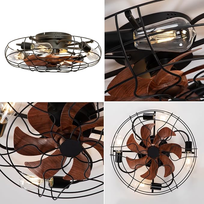 20" Farmhouse Caged Ceiling Fan with Light Flush Mount, Rustic Low Profile Ceiling Fans with Lights and Remote, Small