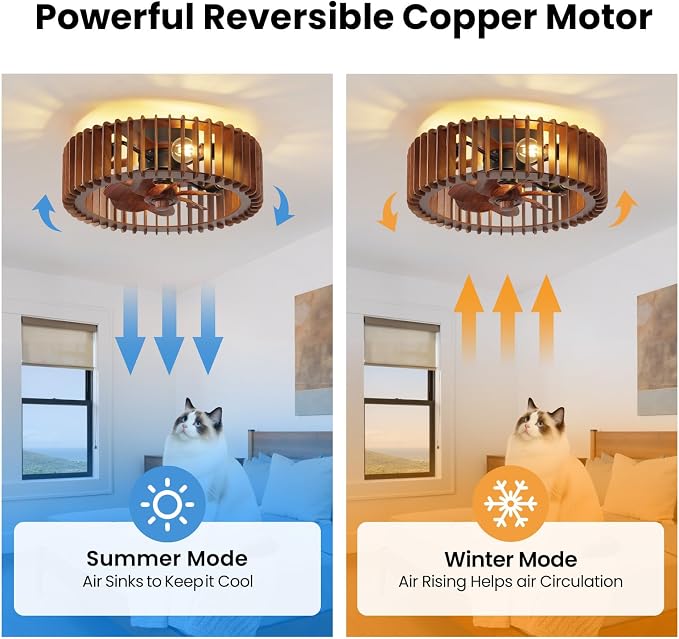 20'' Flush Mount Caged Ceiling Fan with Light, Wooden Low Profile Ceiling Fan with Light and Remote, 6 Speed and Reversible