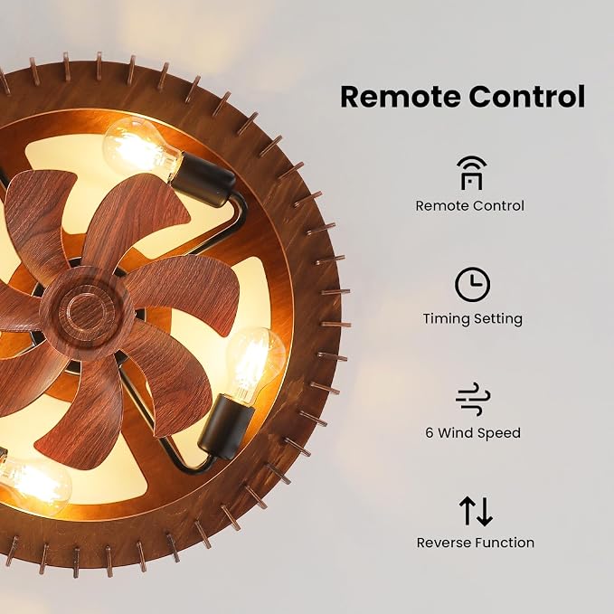 20'' Flush Mount Caged Ceiling Fan with Light, Wooden Low Profile Ceiling Fan with Light and Remote, 6 Speed and Reversible