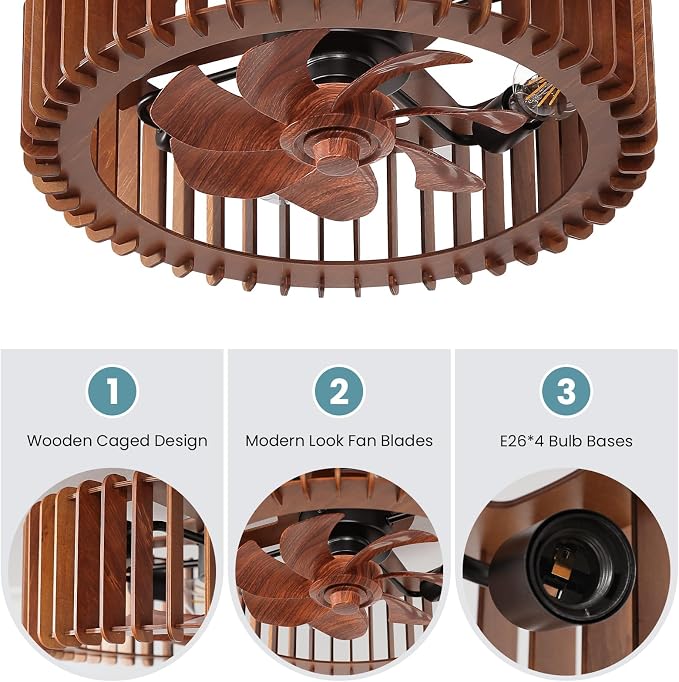 20'' Flush Mount Caged Ceiling Fan with Light, Wooden Low Profile Ceiling Fan with Light and Remote, 6 Speed and Reversible