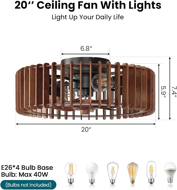 20'' Flush Mount Caged Ceiling Fan with Light, Wooden Low Profile Ceiling Fan with Light and Remote, 6 Speed and Reversible