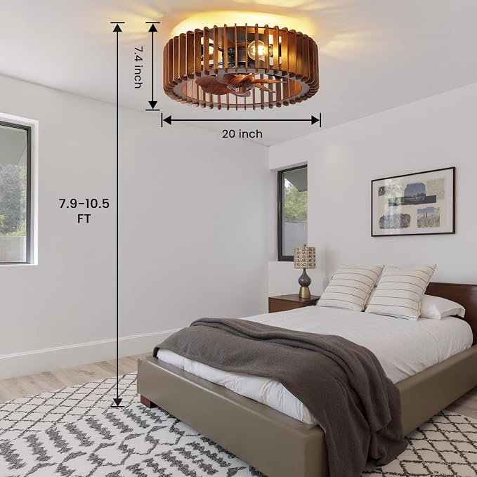 20'' Flush Mount Caged Ceiling Fan with Light, Wooden Low Profile Ceiling Fan with Light and Remote, 6 Speed and Reversible