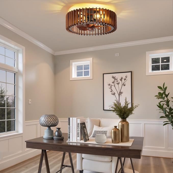 20'' Flush Mount Caged Ceiling Fan with Light, Wooden Low Profile Ceiling Fan with Light and Remote, 6 Speed and Reversible
