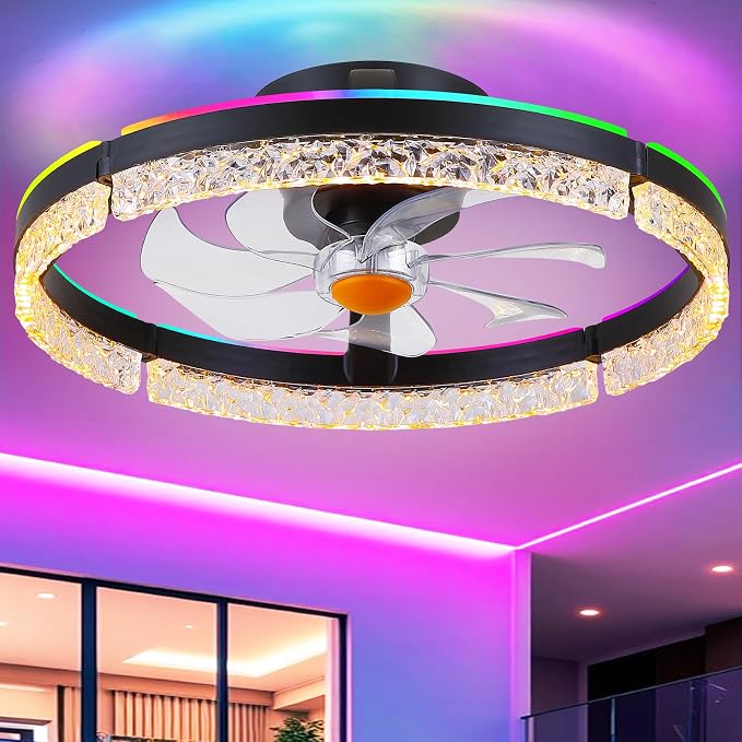 20" Flush Mount Ceiling Fan with RGB Light- Low Profile Modern Fan Light, Dimmable 3CCT 6Wind Speeds, LED-RGB, Bladeless