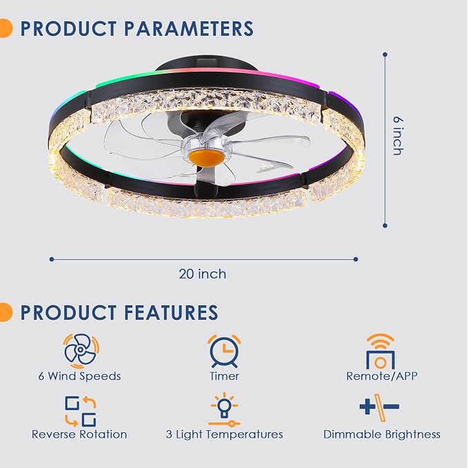 20" Flush Mount Ceiling Fan with RGB Light- Low Profile Modern Fan Light, Dimmable 3CCT 6Wind Speeds, LED-RGB, Bladeless