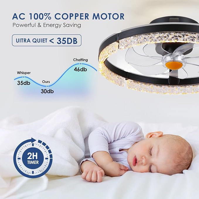 20" Flush Mount Ceiling Fan with RGB Light- Low Profile Modern Fan Light, Dimmable 3CCT 6Wind Speeds, LED-RGB, Bladeless