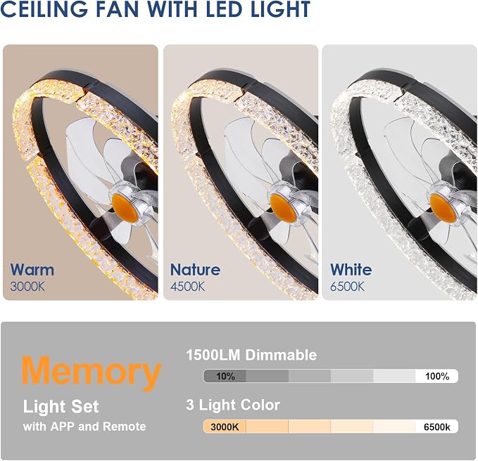 20" Flush Mount Ceiling Fan with RGB Light- Low Profile Modern Fan Light, Dimmable 3CCT 6Wind Speeds, LED-RGB, Bladeless