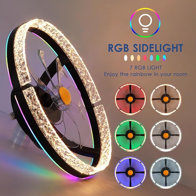 20" Flush Mount Ceiling Fan with RGB Light- Low Profile Modern Fan Light, Dimmable 3CCT 6Wind Speeds, LED-RGB, Bladeless