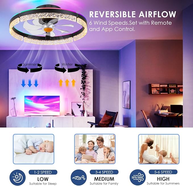 20" Flush Mount Ceiling Fan with RGB Light- Low Profile Modern Fan Light, Dimmable 3CCT 6Wind Speeds, LED-RGB, Bladeless
