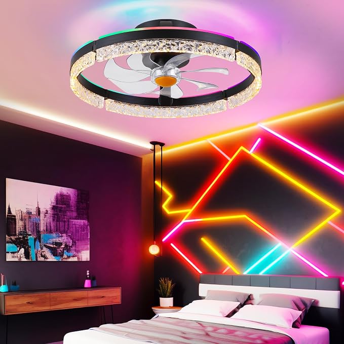 20" Flush Mount Ceiling Fan with RGB Light- Low Profile Modern Fan Light, Dimmable 3CCT 6Wind Speeds, LED-RGB, Bladeless