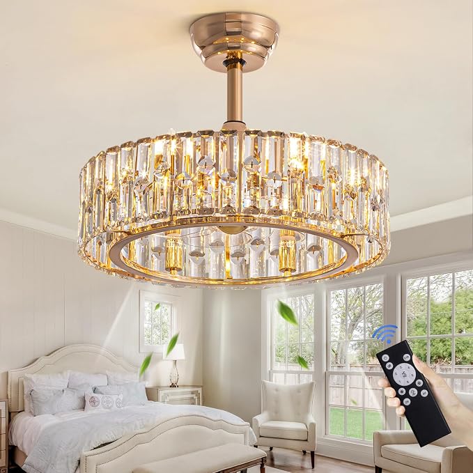 20'' Gold Caged Crystal Ceiling Fan with Light, Modern Bladeless Chandelier Fan with Remote, 6 Speeds, Noiseless DC Motor