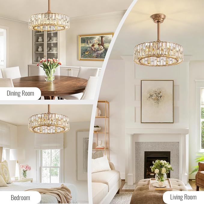 20'' Gold Caged Crystal Ceiling Fan with Light, Modern Bladeless Chandelier Fan with Remote, 6 Speeds, Noiseless DC Motor