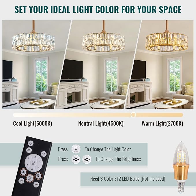 20'' Gold Caged Crystal Ceiling Fan with Light, Modern Bladeless Chandelier Fan with Remote, 6 Speeds, Noiseless DC Motor