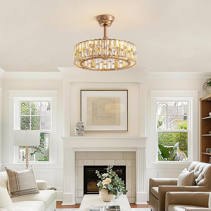 20'' Gold Caged Crystal Ceiling Fan with Light, Modern Bladeless Chandelier Fan with Remote, 6 Speeds, Noiseless DC Motor