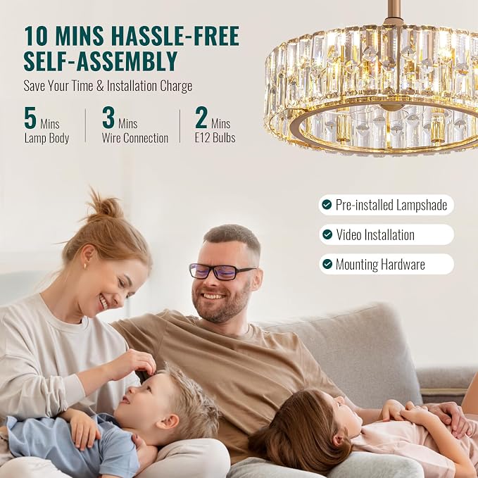 20'' Gold Caged Crystal Ceiling Fan with Light, Modern Bladeless Chandelier Fan with Remote, 6 Speeds, Noiseless DC Motor
