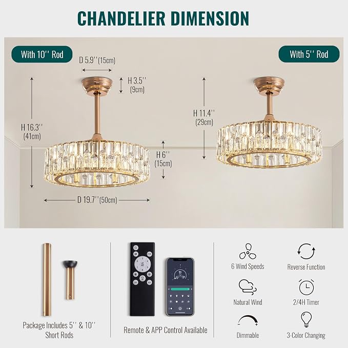 20'' Gold Caged Crystal Ceiling Fan with Light, Modern Bladeless Chandelier Fan with Remote, 6 Speeds, Noiseless DC Motor