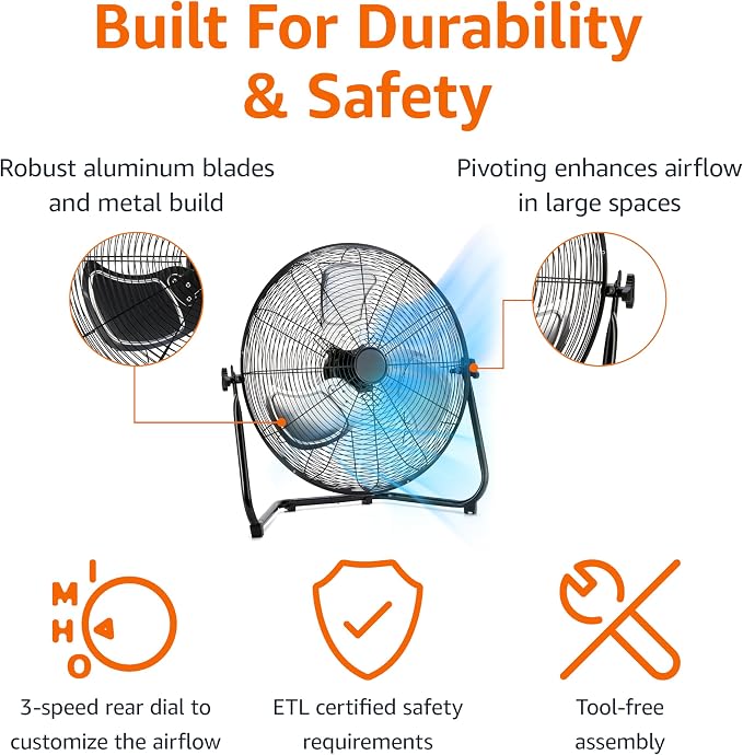 20" High Velocity Industrial Cooling Floor Fan with 3 Speeds, Tilt Head, ETL-Listed Safety Compliance, Metal Housing and