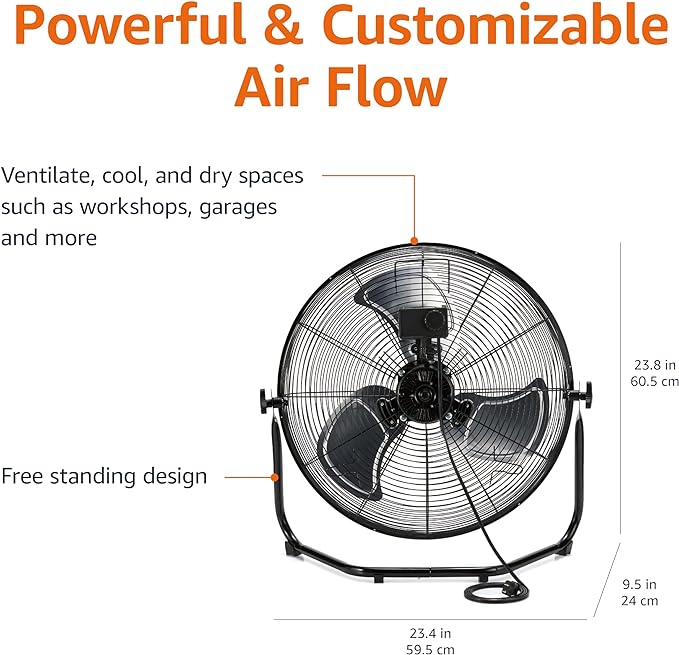 20" High Velocity Industrial Cooling Floor Fan with 3 Speeds, Tilt Head, ETL-Listed Safety Compliance, Metal Housing and