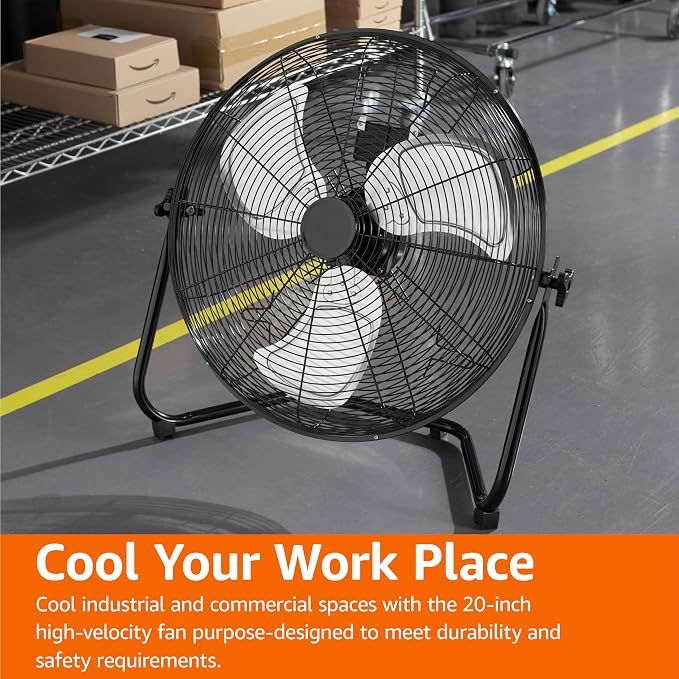 20" High Velocity Industrial Cooling Floor Fan with 3 Speeds, Tilt Head, ETL-Listed Safety Compliance, Metal Housing and