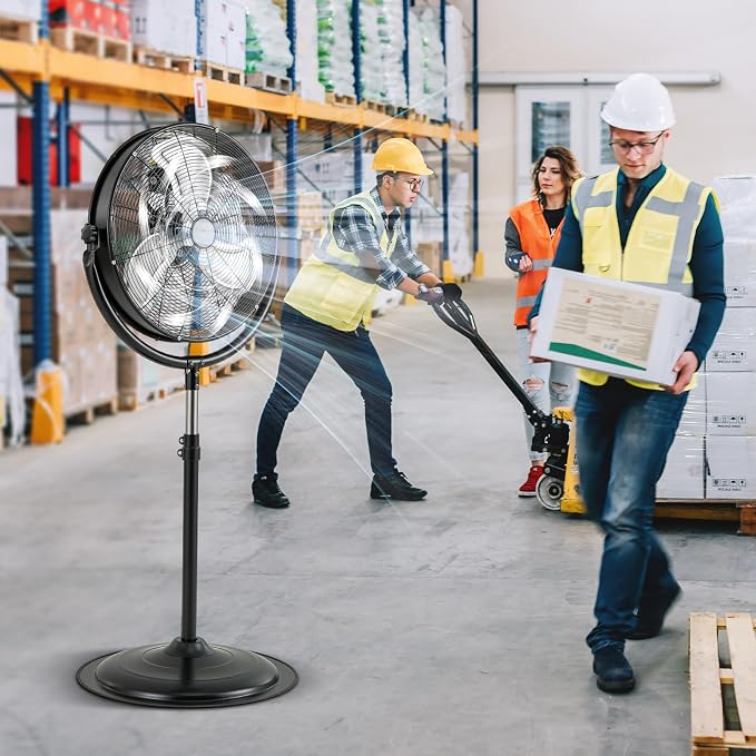 20" High Velocity Industrial Pedestal Fan, Heavy-duty Commercial Standing Fan with 3 Speeds, 360° Rotation, Adjustable Height