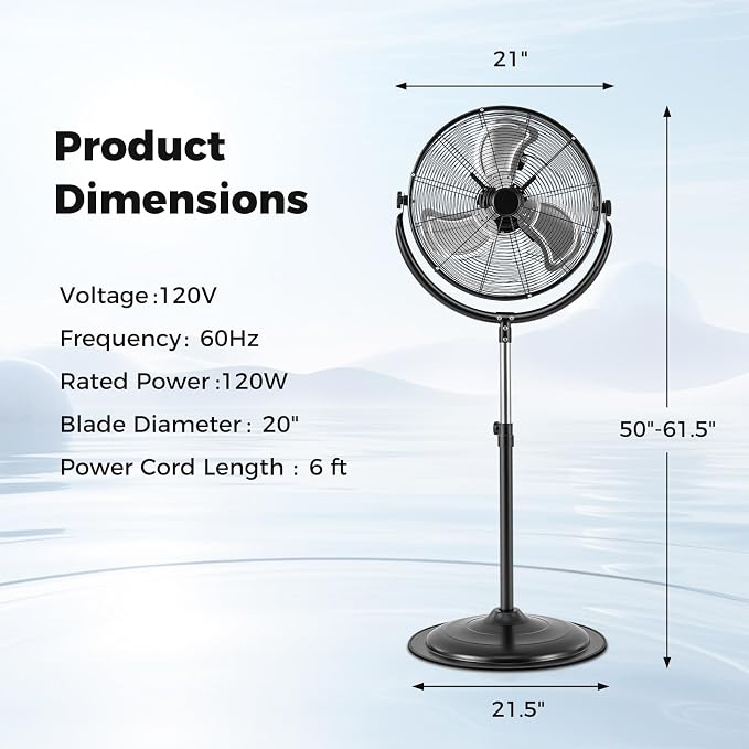 20" High Velocity Industrial Pedestal Fan, Heavy-duty Commercial Standing Fan with 3 Speeds, 360° Rotation, Adjustable Height