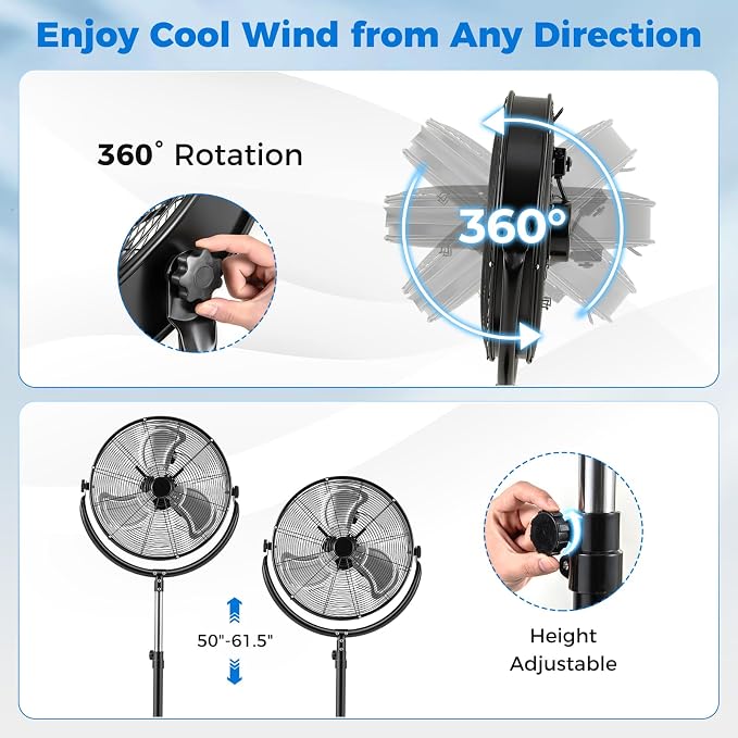 20" High Velocity Industrial Pedestal Fan, Heavy-duty Commercial Standing Fan with 3 Speeds, 360° Rotation, Adjustable Height