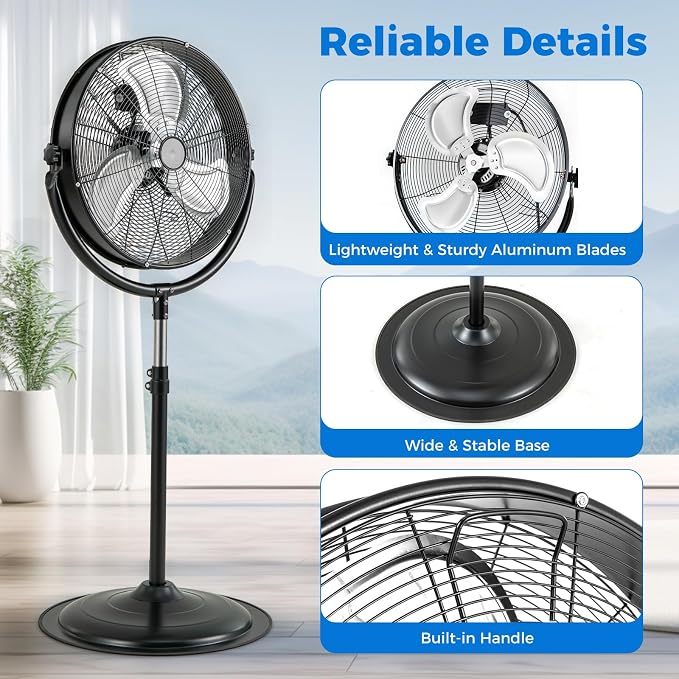 20" High Velocity Industrial Pedestal Fan, Heavy-duty Commercial Standing Fan with 3 Speeds, 360° Rotation, Adjustable Height