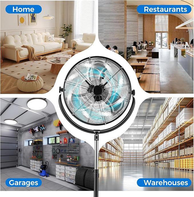 20" High Velocity Industrial Pedestal Fan, Heavy-duty Commercial Standing Fan with 3 Speeds, 360° Rotation, Adjustable Height