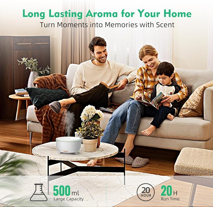 20-Hour Long-Lasting Aromatherapy, 500ML Large Essential Oil Diffuser: Ultrasonic Cool Mist Humidifier with Remote Control