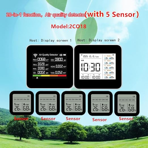 20-in-1 Smart WiFi Air Quality Monitor CO2 CO TVOC HCHO PM2.5 PM10 & Weather Stations Wireless Indoor Outdoor Thermometer