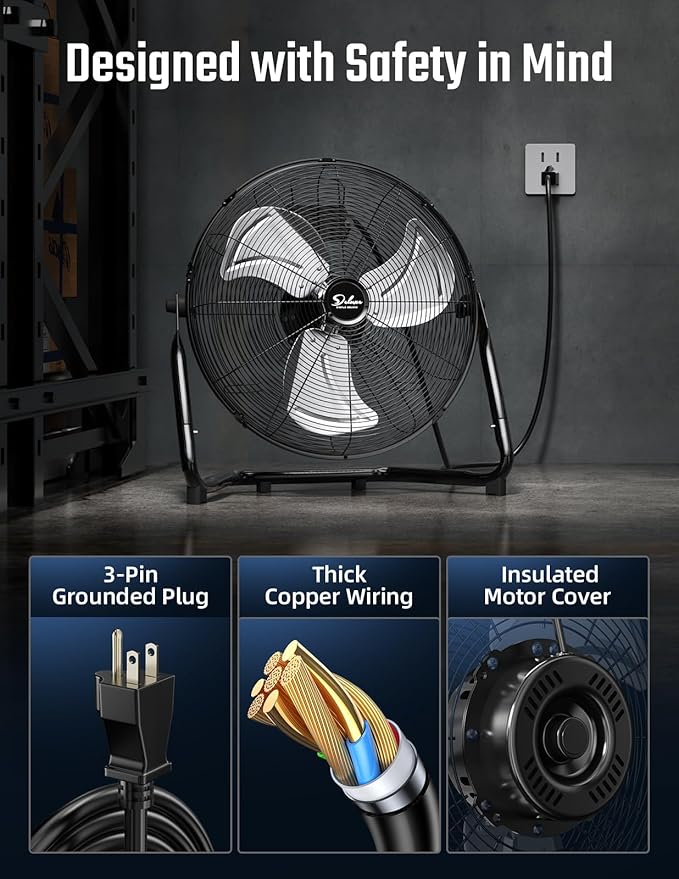 20 Inch 3-Speed High Velocity Heavy Duty Metal Industrial Floor Fans Quiet for Home, Commercial, Residential,Black, 2 Pack
