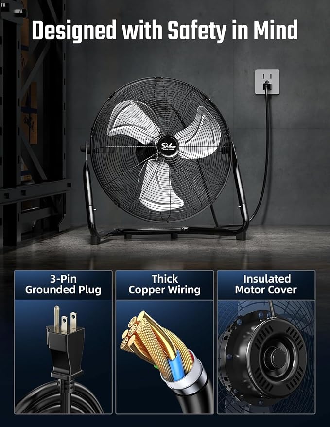 20 Inch 3-Speed High Velocity Heavy Duty Metal Industrial Floor Fans Quiet for Home, Commercial, Residential, alternate view
