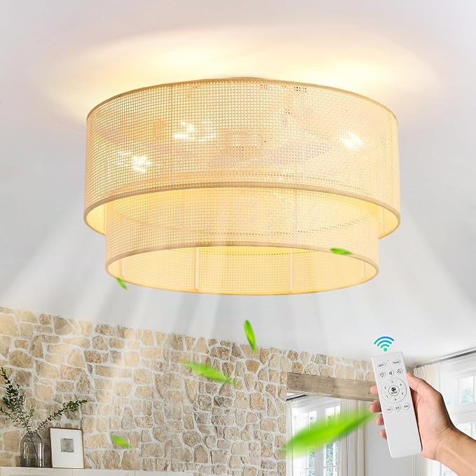20 Inch Boho Caged Ceiling Fans with Lights Flush Mount, Rattan Ceiling Fan with Light Remote Control with Reversible 6
