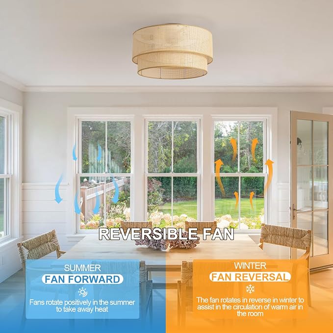 20 Inch Boho Caged Ceiling Fans with Lights Flush Mount, Rattan Ceiling Fan with Light Remote Control with Reversible 6