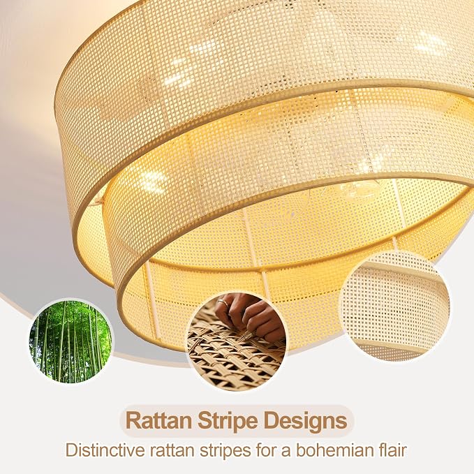 20 Inch Boho Caged Ceiling Fans with Lights Flush Mount, Rattan Ceiling Fan with Light Remote Control with Reversible 6