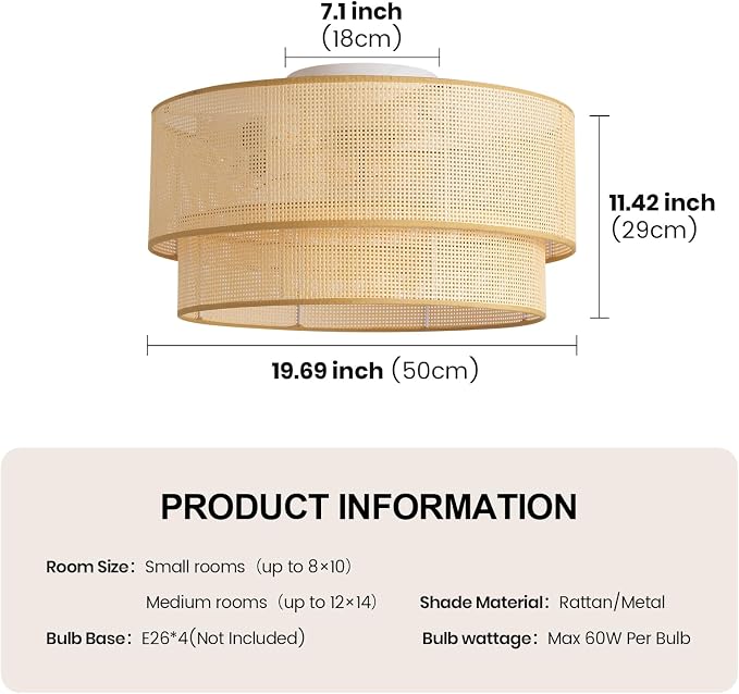 20 Inch Boho Caged Ceiling Fans with Lights Flush Mount, Rattan Ceiling Fan with Light Remote Control with Reversible 6