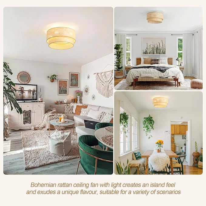 20 Inch Boho Caged Ceiling Fans with Lights Flush Mount, Rattan Ceiling Fan with Light Remote Control with Reversible 6