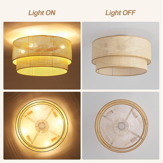 20 Inch Boho Caged Ceiling Fans with Lights Flush Mount, Rattan Ceiling Fan with Light Remote Control with Reversible 6