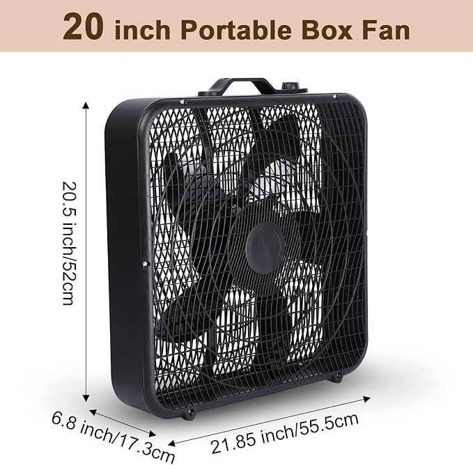 20 Inch Box Fan with Carry Handle, Portable Powerful and Quiet 3-speed Floor Fan with Protection Net, Durable 70W Lightweight