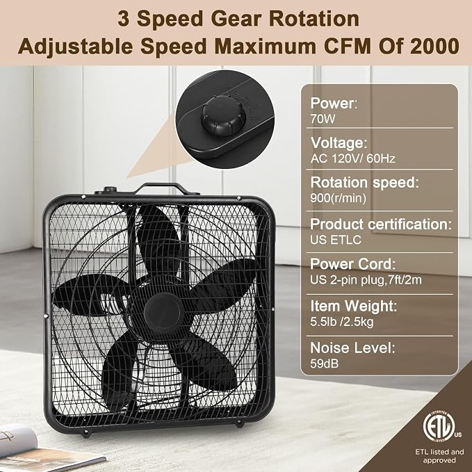 20 Inch Box Fan with Carry Handle, Portable Powerful and Quiet 3-speed Floor Fan with Protection Net, Durable 70W Lightweight