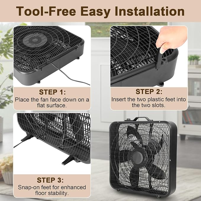 20 Inch Box Fan with Carry Handle, Portable Powerful and Quiet 3-speed Floor Fan with Protection Net, Durable 70W Lightweight