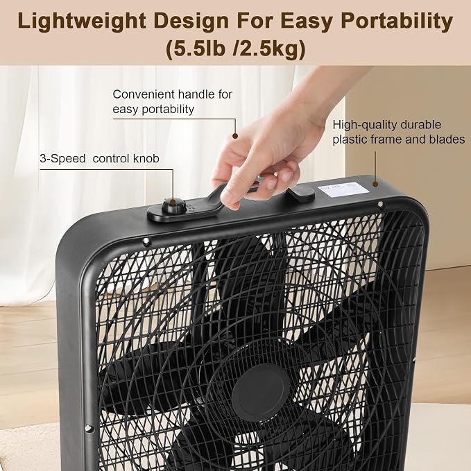 20 Inch Box Fan with Carry Handle, Portable Powerful and Quiet 3-speed Floor Fan with Protection Net, Durable 70W Lightweight