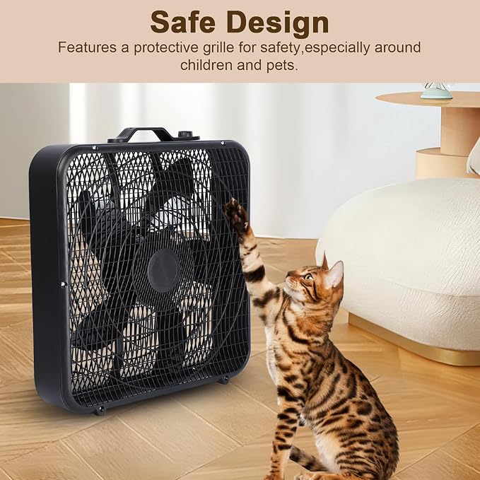 20 Inch Box Fan with Carry Handle, Portable Powerful and Quiet 3-speed Floor Fan with Protection Net, Durable 70W Lightweight