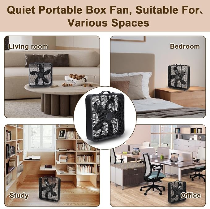 20 Inch Box Fan with Carry Handle, Portable Powerful and Quiet 3-speed Floor Fan with Protection Net, Durable 70W Lightweight
