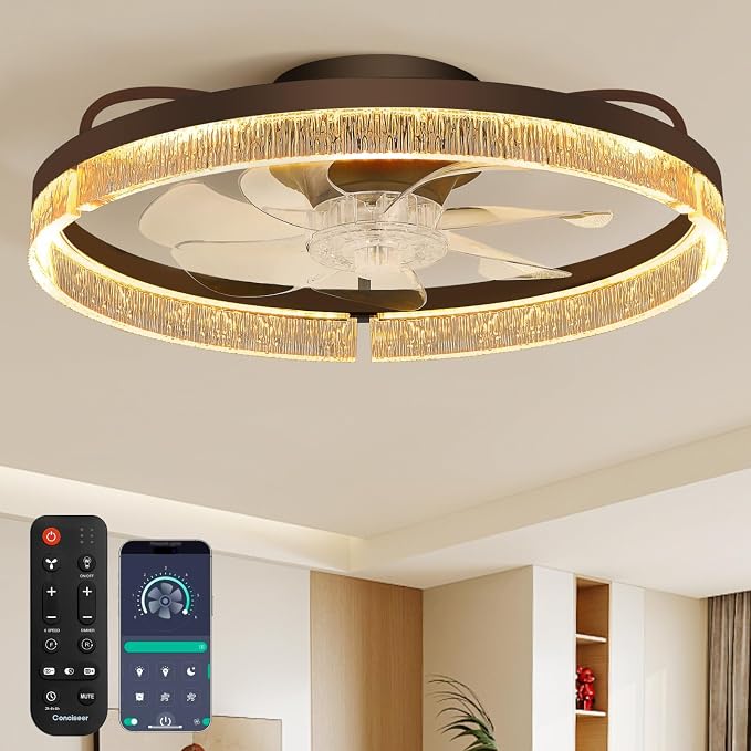 20 Inch Ceiling Fans with Lights and Remote, Flush Mount,3CCT 3000-6500K Dimmable 4W-35W, Low Profile 6 Speed Reversible