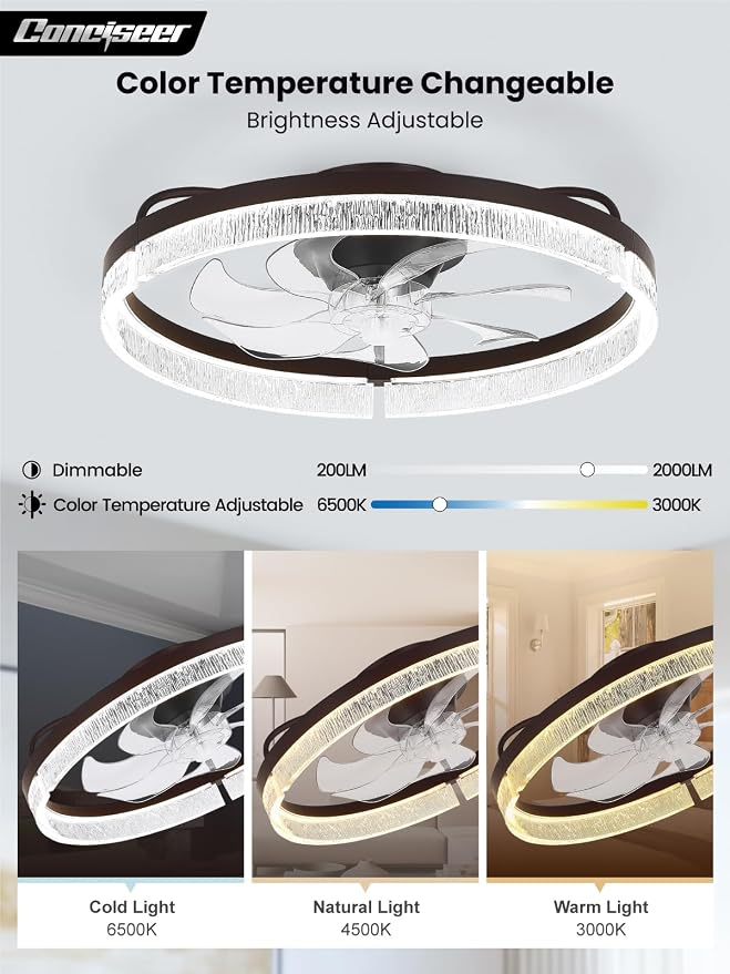 20 Inch Ceiling Fans with Lights and Remote, Flush Mount,3CCT 3000-6500K Dimmable 4W-35W, Low Profile 6 Speed Reversible