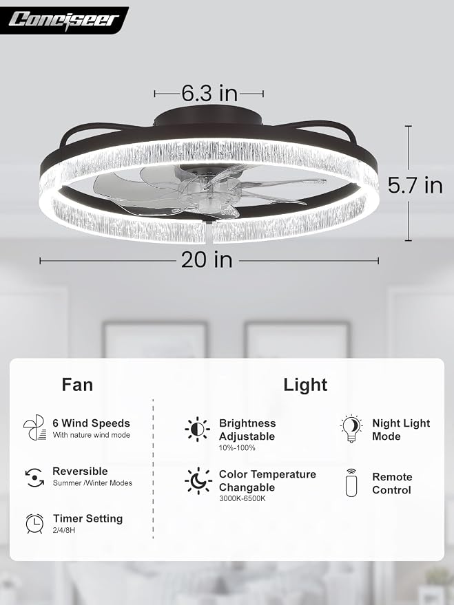 20 Inch Ceiling Fans with Lights and Remote, Flush Mount,3CCT 3000-6500K Dimmable 4W-35W, Low Profile 6 Speed Reversible